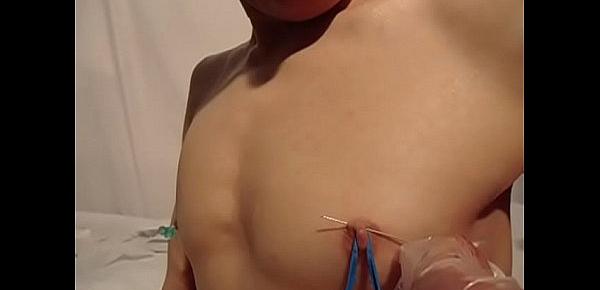  solo male needle skewers balls, cock head and nipples